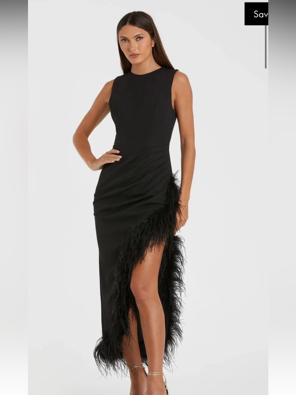 IEENA for Mac Duggal Black Ruched High-Low Sheath Dress with Feather Trim
